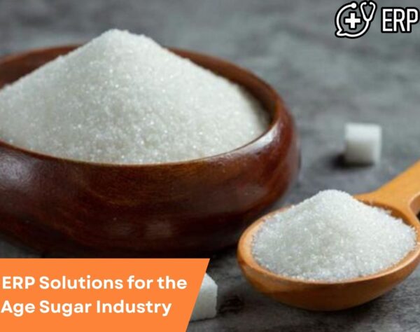 Digital ERP dashboard streamlining operations in a modern sugar industry facility with data analytics and automation tools.