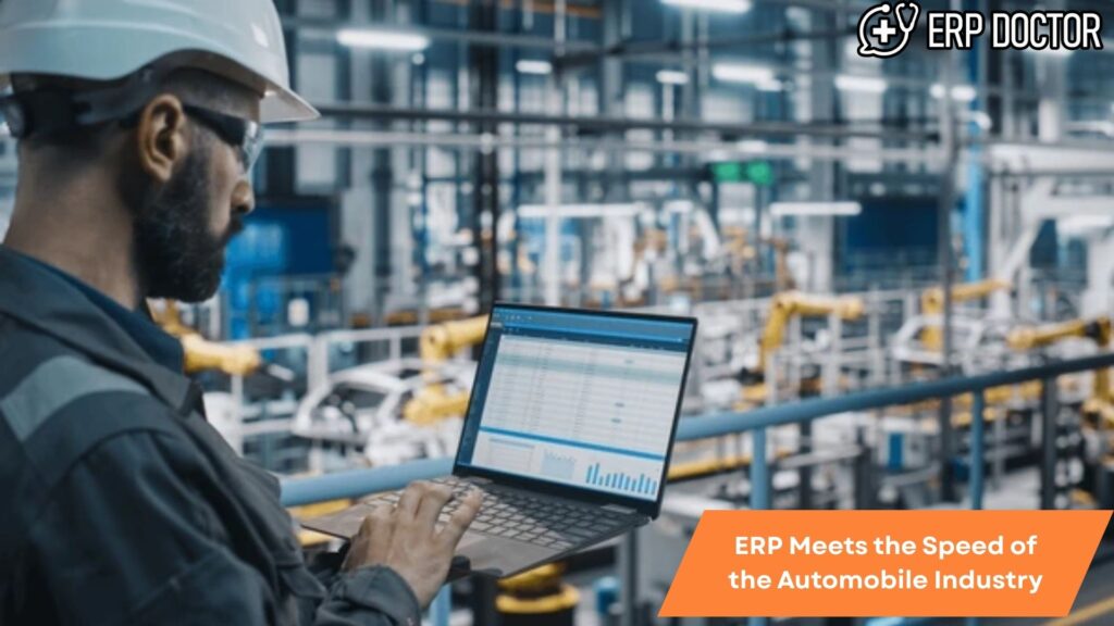 Automobile assembly line powered by ERP software for speed and efficiency.