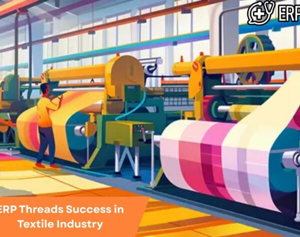 Illustration of ERP software enhancing operations, efficiency, and growth in the textile industry with interconnected digital threads.