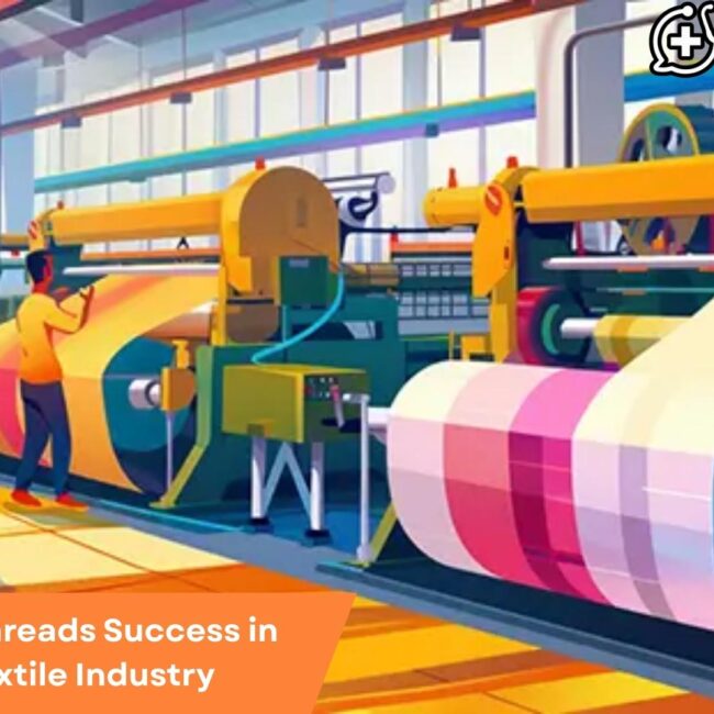 Illustration of ERP software enhancing operations, efficiency, and growth in the textile industry with interconnected digital threads.