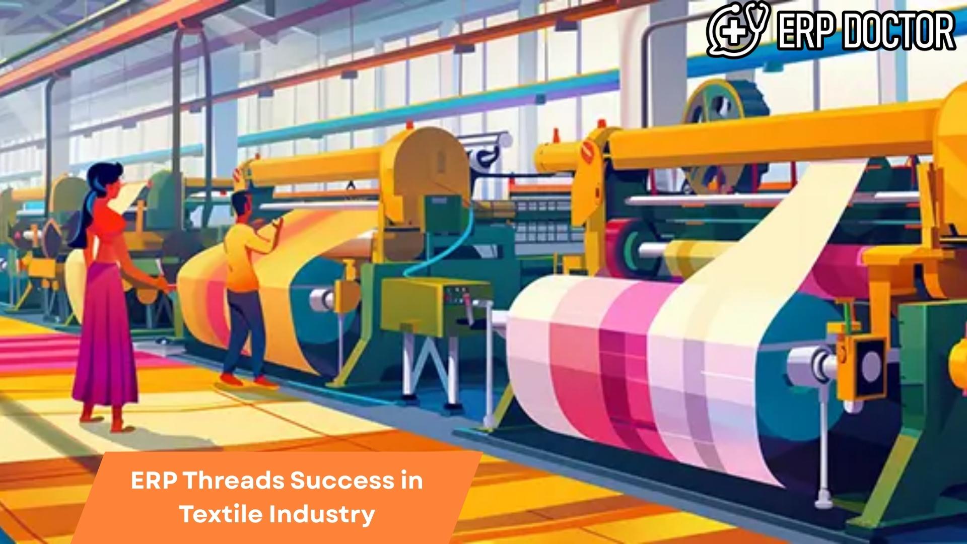 Illustration of ERP software enhancing operations, efficiency, and growth in the textile industry with interconnected digital threads.