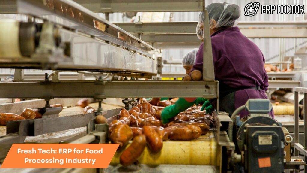Modern food processing plant with digital interface overlay representing ERP technology enhancing operations and traceability in the food processing industry.