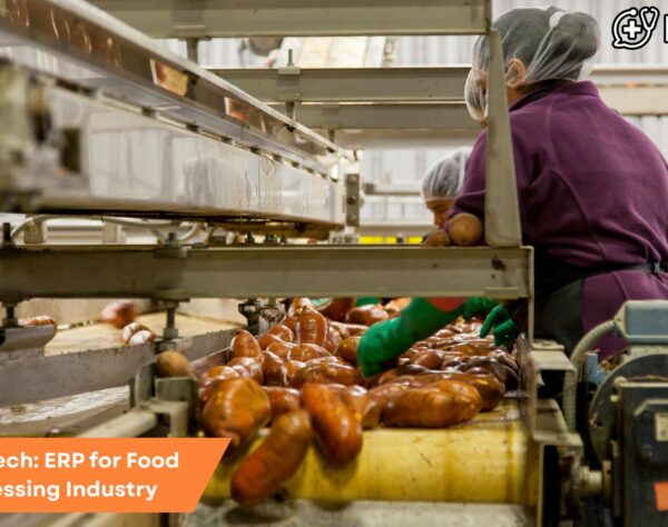 Modern food processing plant with digital interface overlay representing ERP technology enhancing operations and traceability in the food processing industry.