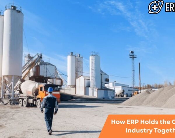 Illustration of ERP software connecting and optimizing processes in the cement industry for stronger, unified operations.