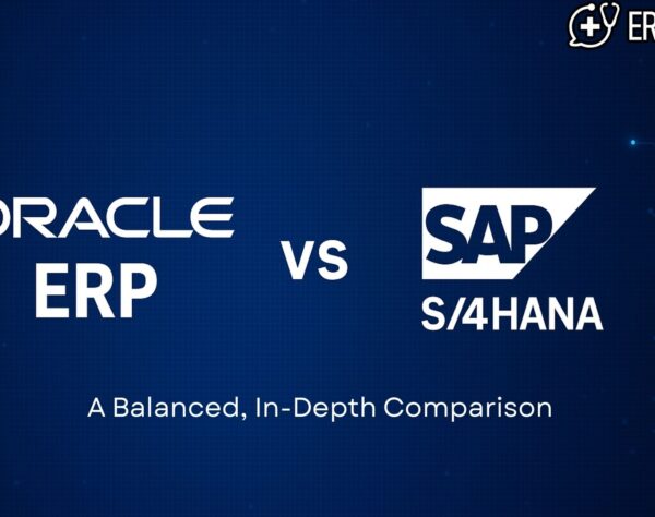 Illustration showing Oracle ERP and SAP S/4HANA logos side by side, symbolizing a balanced ERP system comparison across features and industries.