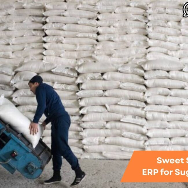 ERP software dashboard displayed in a sugar mill environment showcasing streamlined production and inventory management in the Sugar Industry.