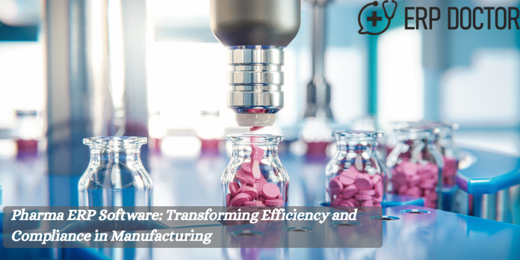 Automated pharmaceutical production line filling bottles with pink tablets, illustrating Pharma ERP Software improving efficiency, quality, and regulatory compliance.