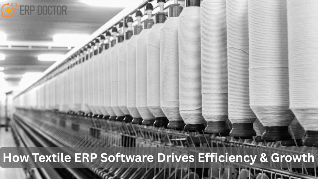 ERP software dashboard showing real-time production, inventory, and quality data for textile manufacturing