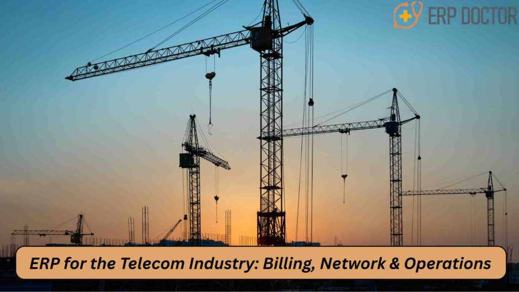 ERP for Telecom Industry dashboard showing billing, network operations, and customer management