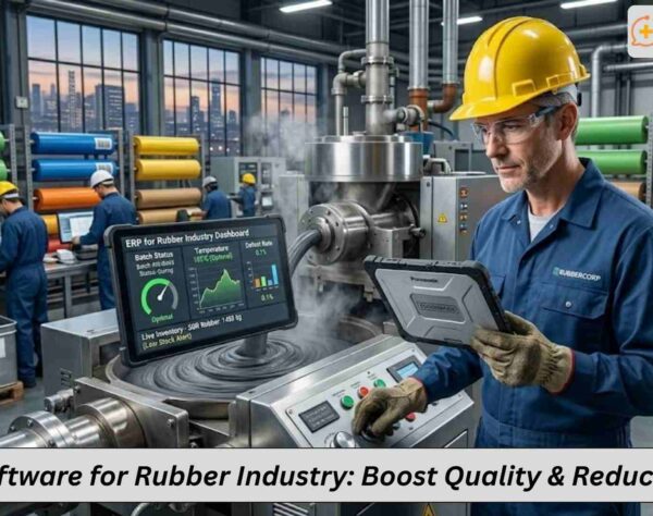 Rubber factory production line monitored with ERP software for rubber industry dashboards