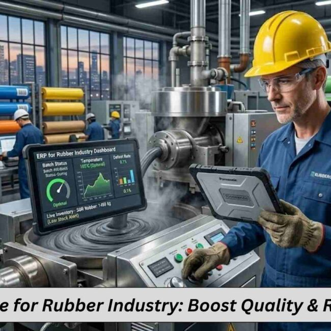 Rubber factory production line monitored with ERP software for rubber industry dashboards
