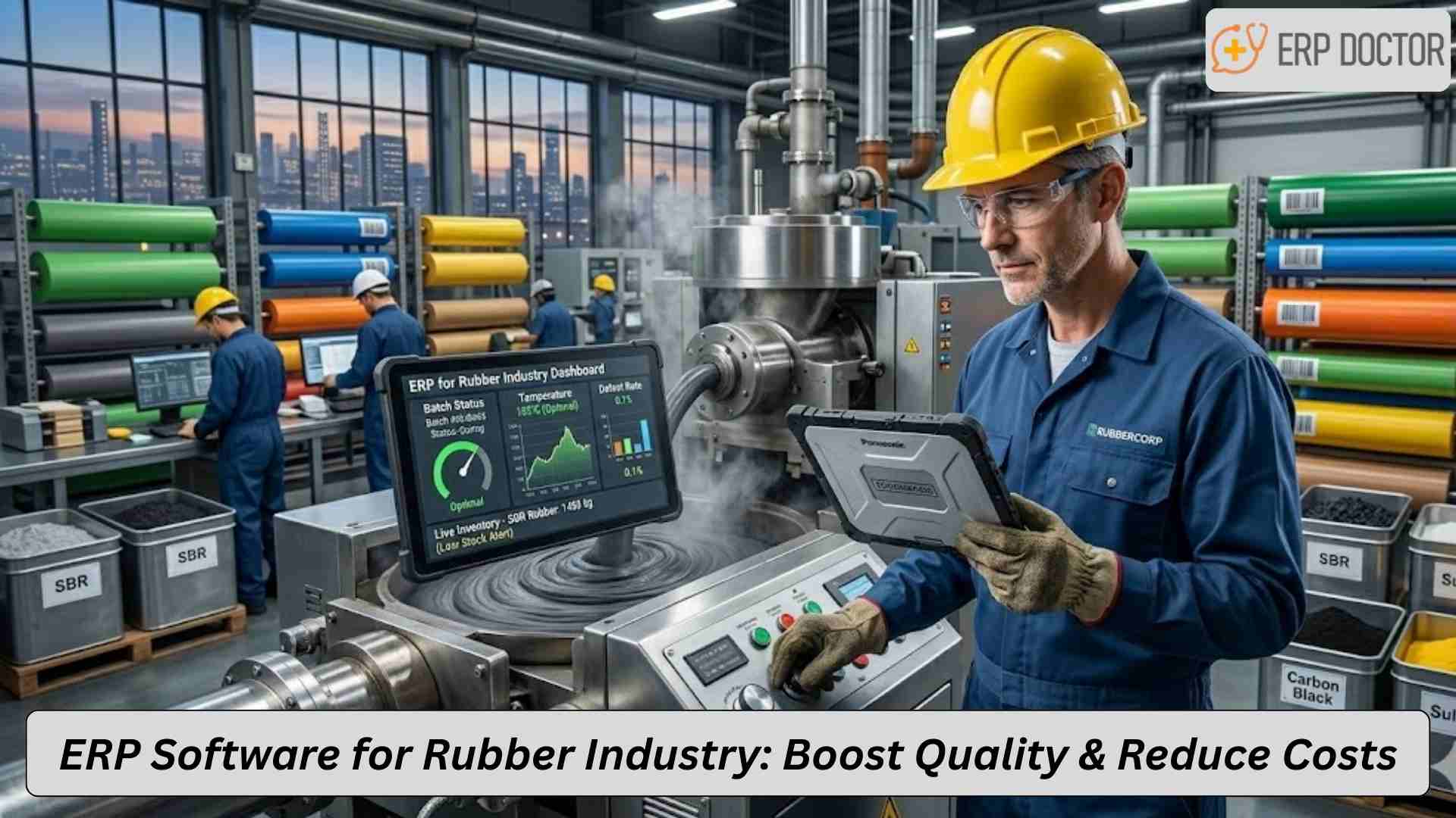 Rubber factory production line monitored with ERP software for rubber industry dashboards