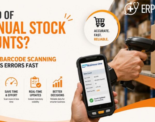 Warehouse staff using SAP B1 Barcode Scanning to perform real-time inventory counting with SAP Business One.