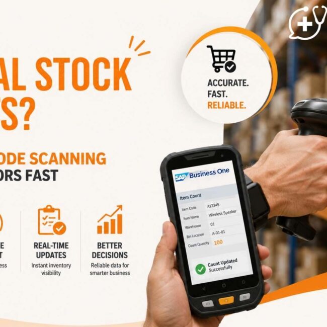 Warehouse staff using SAP B1 Barcode Scanning to perform real-time inventory counting with SAP Business One.