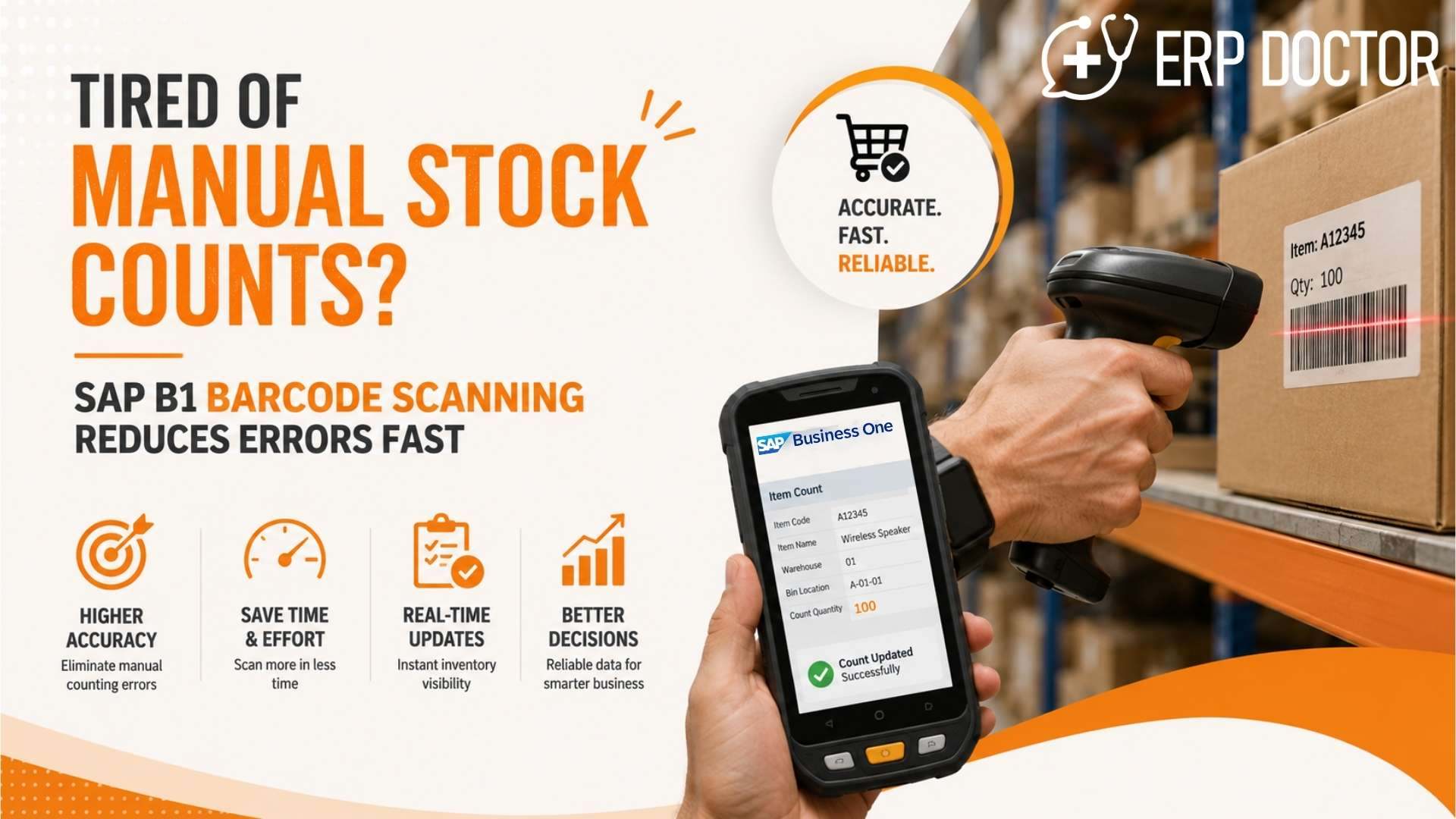 Warehouse staff using SAP B1 Barcode Scanning to perform real-time inventory counting with SAP Business One.