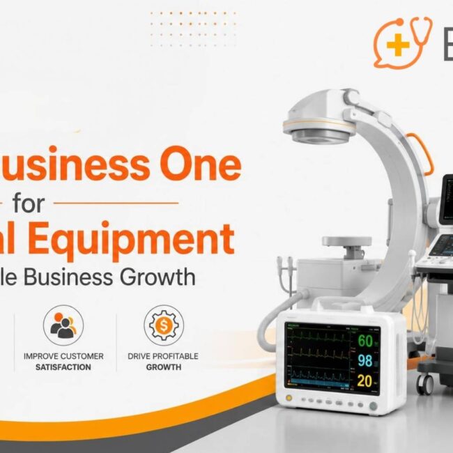 SAP B1 dashboard connecting medical equipment inventory, serial tracking, finance, sales, and service operations.
