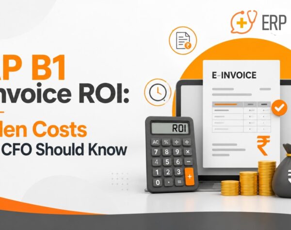 SAP Business One E-Invoice dashboard showing GST compliance, automated invoice processing, ROI improvements, and faster financial operations.