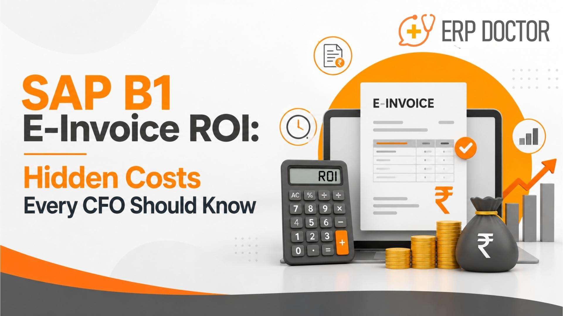 SAP Business One E-Invoice dashboard showing GST compliance, automated invoice processing, ROI improvements, and faster financial operations.