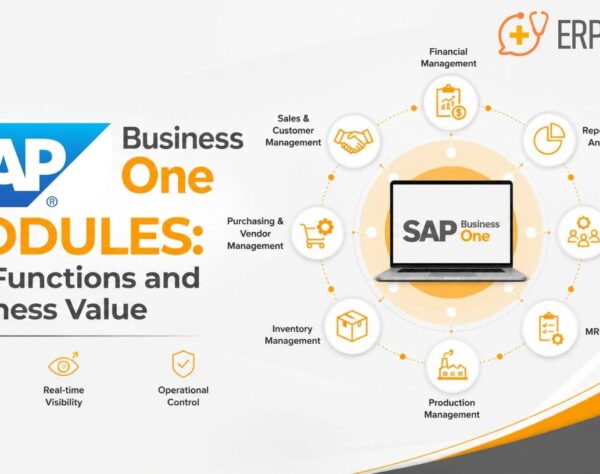 SAP Business One modules connecting finance, sales, purchasing, inventory, production, service, and reporting in one ERP system.