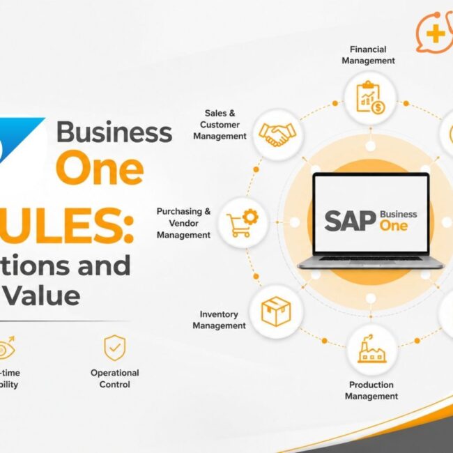SAP Business One modules connecting finance, sales, purchasing, inventory, production, service, and reporting in one ERP system.