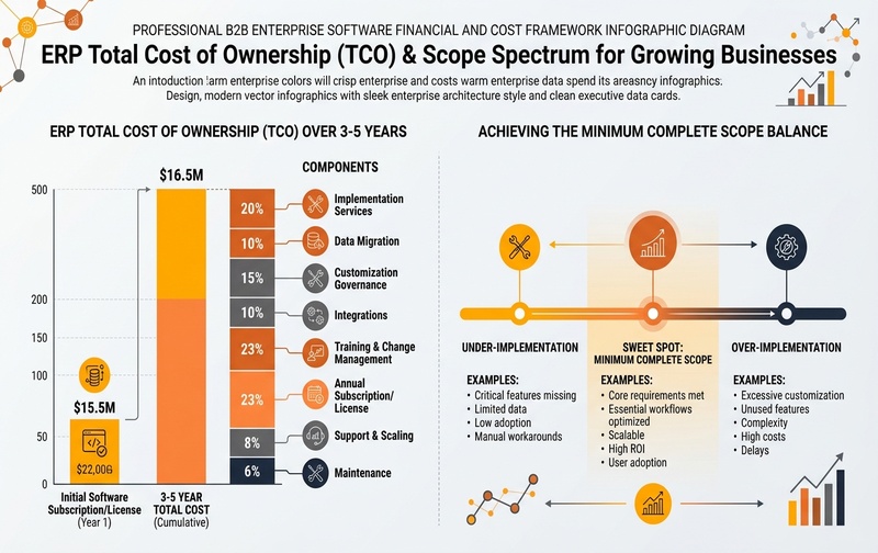 Enterprise framework diagram comparing 3-to-5 year ERP Total Cost of Ownership (TCO) components against the Minimum Complete Scope balance between under-implementation and over-implementation.
