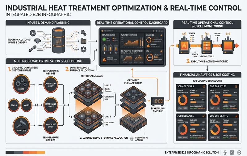 Enterprise diagram showing industrial heat treatment furnace charge assembly, multi-job load optimization by thermal recipe, cycle monitoring, and operational job costing with margin visibility.