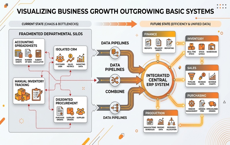Architectural diagram illustrating how business growth creates fragmented departmental silos that transition into an integrated central ERP system uniting Finance, Inventory, Purchasing, and Production.