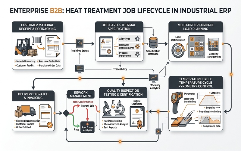 Enterprise infographic illustrating end-to-end heat treatment job lifecycle and batch lot traceability from material receipt and process specification through furnace load planning, pyrometry control, testing, certification, and dispatch.