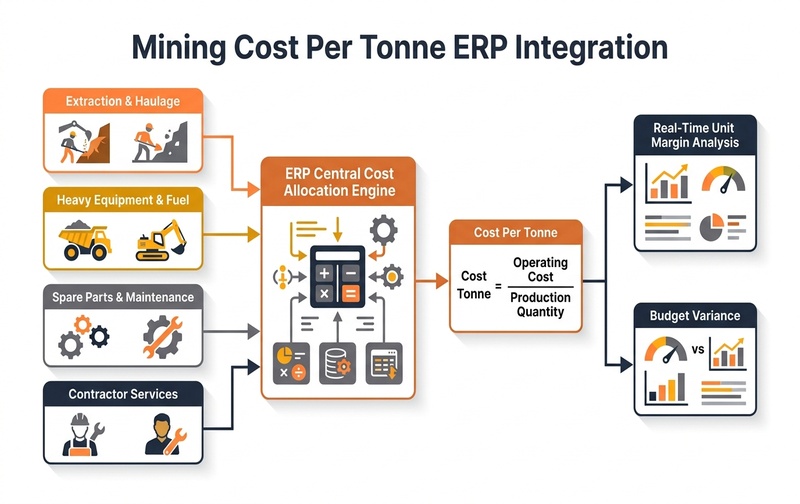 Enterprise workflow diagram showing how Mining ERP connects operational data including extraction, heavy equipment fuel, spare parts maintenance, and contractor services into real-time cost-per-tonne calculation and budget variance analysis.