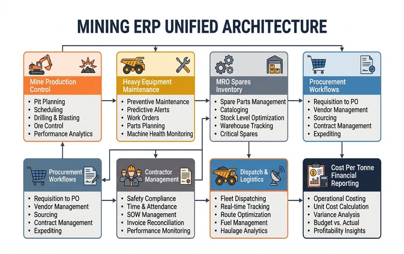 Enterprise infographic detailing Mining ERP Software unified architecture connecting mine production, equipment maintenance, MRO spares inventory, procurement, contractor management, logistics, and cost per tonne financial reporting.