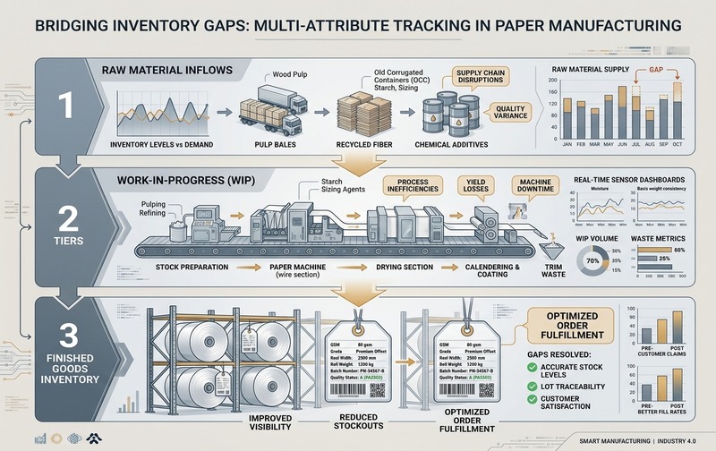 Enterprise infographic illustrating paper manufacturing inventory gaps across raw materials, work-in-progress, and finished reel inventory with multi-attribute GSM, grade, width, and batch tracking.