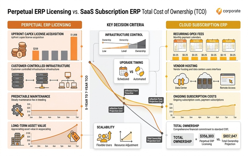 Enterprise infographic comparing perpetual ERP licensing vs SaaS subscription ERP total cost of ownership across Capex, recurring Opex, infrastructure control, upgrade timing, and multi-year TCO inflection.