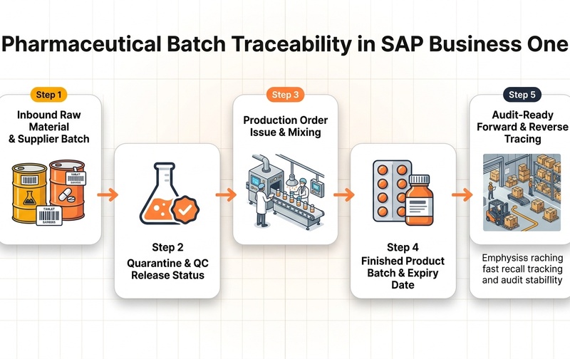 Pharmaceutical batch and lot traceability workflow showing material genealogy from raw material receipt through quality release and distribution