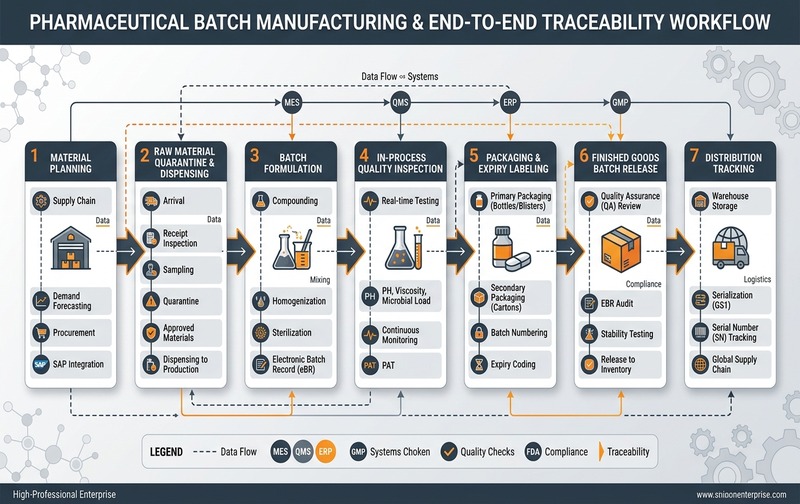 Comprehensive enterprise workflow diagram showing pharmaceutical batch production lifecycle from material planning and quarantine through batch formulation, in-process quality inspection, expiry packaging, finished goods batch release, to distribution tracking.