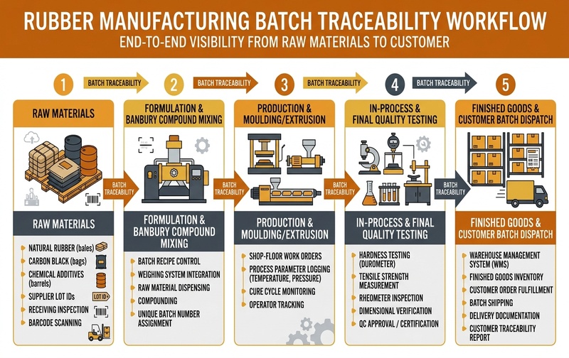 Enterprise infographic detailing rubber manufacturing batch traceability workflow from raw material receiving through Banbury compound mixing, moulding, quality inspection, and customer dispatch.