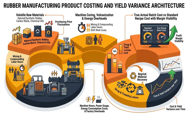 Enterprise diagram illustrating rubber manufacturing product costing architecture, yield variance control, raw material fluctuation tracking, and scrap regrind recovery.