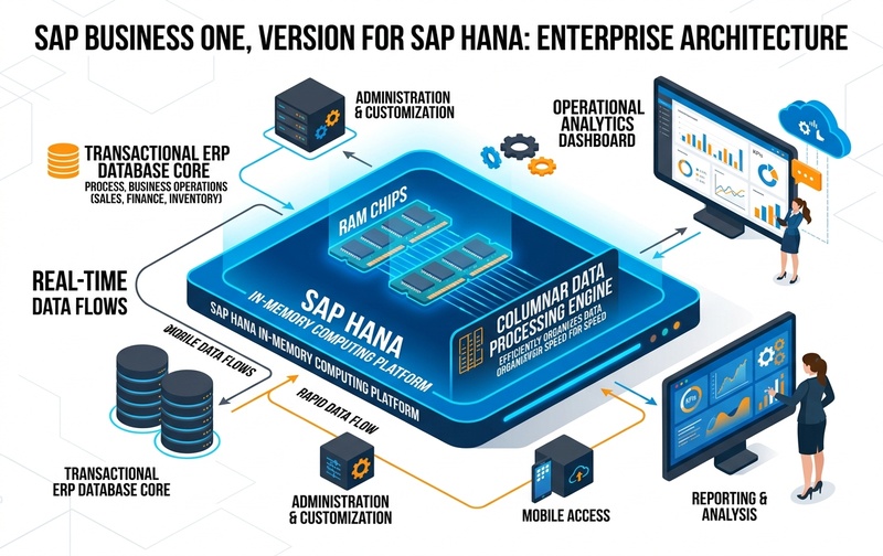 Enterprise architectural infographic detailing SAP Business One HANA in-memory database processing, showing operational transaction processing, columnar data storage, and real-time analytical calculation engines.
