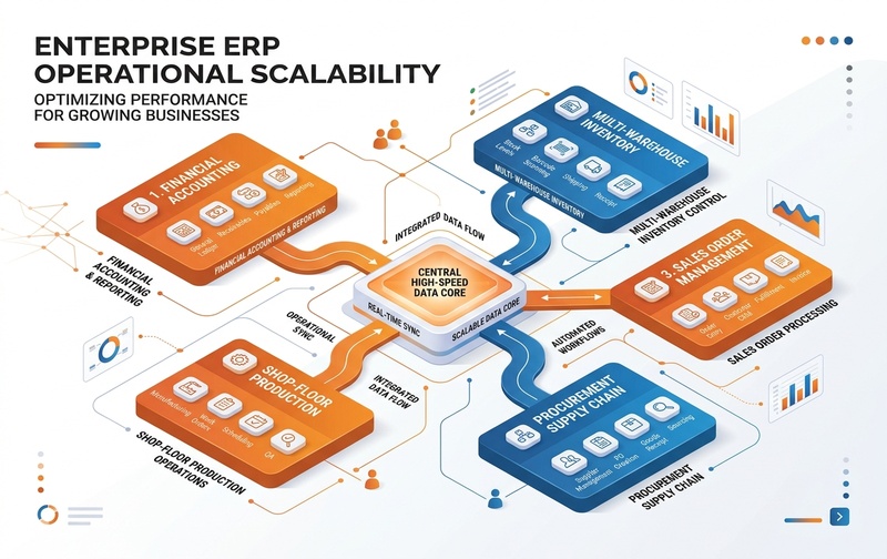 Professional diagram showcasing SAP Business One HANA multi-departmental scalability across finance, inventory, multi-warehouse logistics, shop-floor production, and executive decision-making.