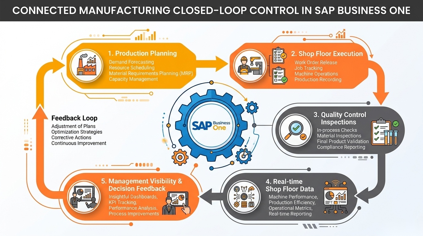 Enterprise workflow diagram showing closed-loop integration between production planning, shop-floor execution, quality control inspections, real-time shop-floor data, and management decision feedback in SAP Business One.
