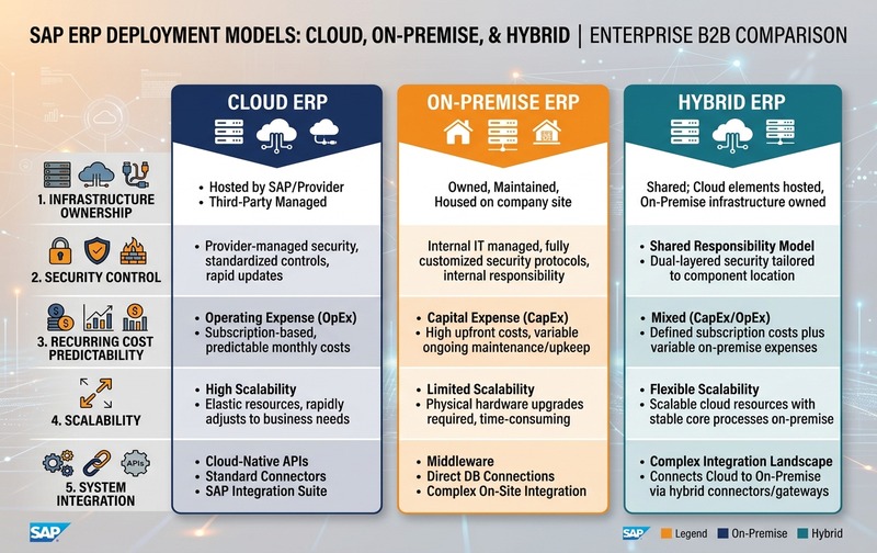 Professional B2B enterprise comparison diagram showing SAP ERP deployment models: Cloud ERP, On-Premise ERP, and Hybrid ERP, comparing infrastructure ownership, security control, recurring cost predictability, scalability, and system integration.