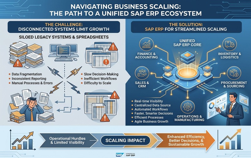 Enterprise B2B infographic illustrating business scaling challenges and SAP ERP integration for growing companies, comparing disconnected spreadsheets and siloed legacy systems with a unified SAP ERP ecosystem connecting finance, inventory, sales, procurement, and operations.