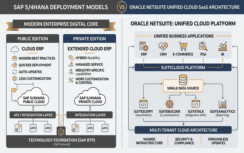 Enterprise architectural comparison between SAP S/4HANA Public and Private Cloud deployment models versus Oracle NetSuite multi-tenant cloud SaaS and SuiteCloud platform.