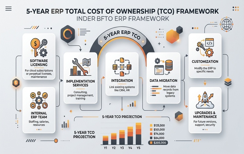 5-Year ERP Total Cost of Ownership (TCO) Framework comparing Software Licensing, Implementation Services, Integration, Customization, and Internal Team Resources.