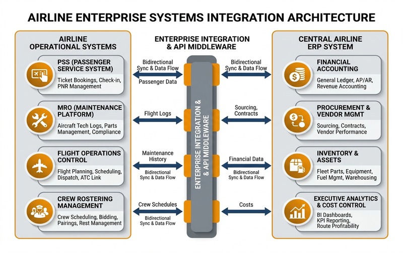 Integration framework diagram showing bidirectional data flow between specialized airline operational systems (PSS, MRO, Flight Ops, Crew Rostering) and the central Enterprise ERP core.