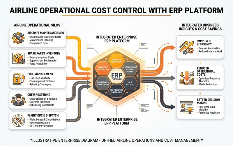 Enterprise architecture diagram illustrating airline operational cost control with an integrated ERP platform connecting MRO, inventory, fuel, crew rostering, and flight ops to finance and procurement.