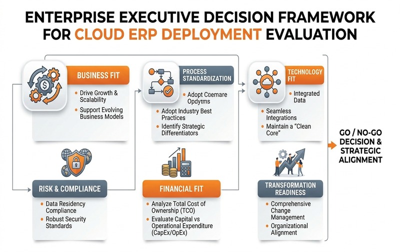 Comprehensive enterprise decision framework showing the 6 strategic pillars for Cloud ERP evaluation: Business Fit, Process Standardization, Technology Fit, Risk and Compliance, Financial Fit, and Transformation Readiness.