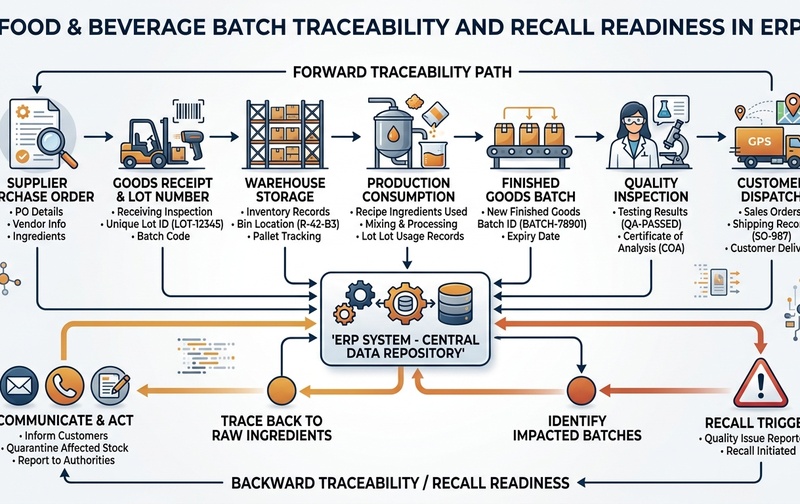 Comprehensive enterprise workflow diagram showing forward and backward batch traceability across supplier purchase orders, goods receipt lot tracking, warehouse storage, recipe consumption, finished product batch records, quality inspection, and customer delivery for rapid recall readiness in an ERP system.