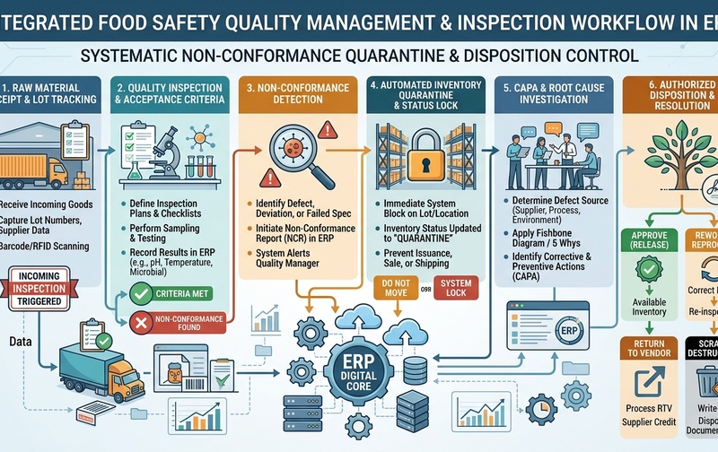 Enterprise quality management flowchart illustrating food safety inspection procedures, non-conformance detection, automated inventory quarantine, CAPA root cause analysis, and authorized disposition resolution in an ERP system.
