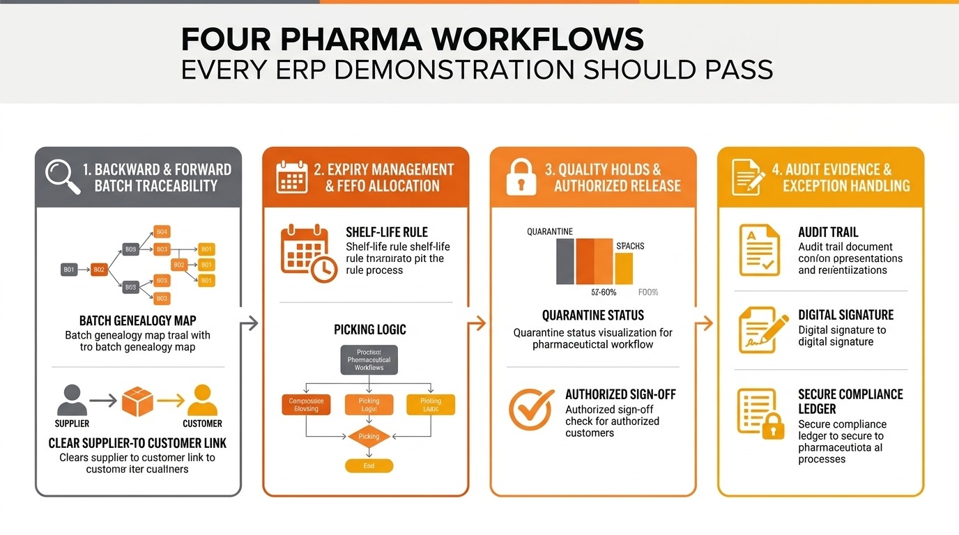 Enterprise infographic showing the four essential pharmaceutical ERP demonstration workflows including end-to-end batch traceability, FEFO expiry management, quality holds with authorized release, and regulatory audit evidence.