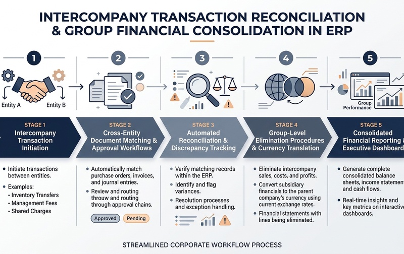 Streamlined intercompany accounting automates document matching, period-end reconciliations, and group-level eliminations across legal entities. Intercompany transaction reconciliation and financial consolidation workflow across multi-entity ERP environments, detailing initiation, matching, reconciliations, eliminations, and consolidated reporting.